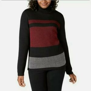 Karen Scott Turtleneck Sweater Womens XL Black Red Color Block Cotton All Season